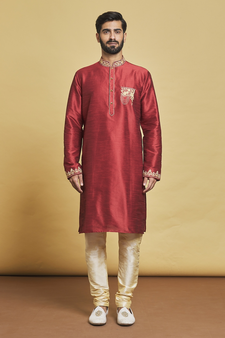 Maroon embroidered art silk kurta-pajama