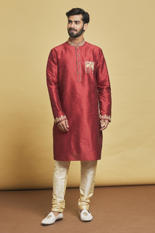 Maroon embroidered art silk kurta-pajama
