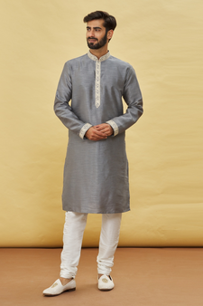 Grey embroidered art silk kurta-pajama