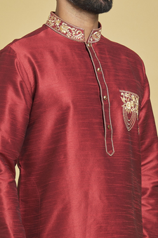 Maroon embroidered art silk kurta-pajama