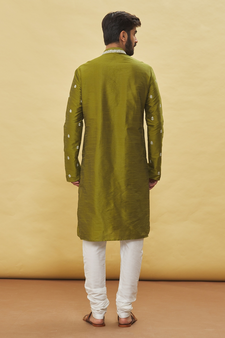 Green embroidered art silk kurta-pajama