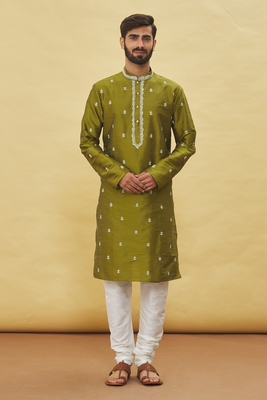Green embroidered art silk kurta-pajama 4