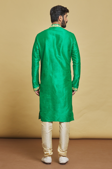 Green embroidered art silk kurta-pajama