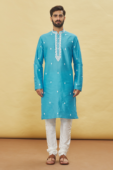 Blue embroidered art silk kurta-pajama