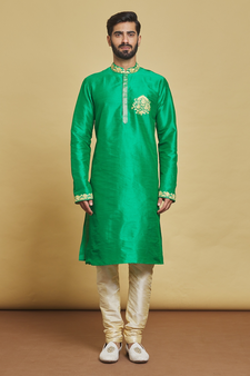 Green embroidered art silk kurta-pajama