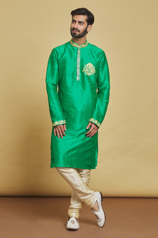 Green embroidered art silk kurta-pajama