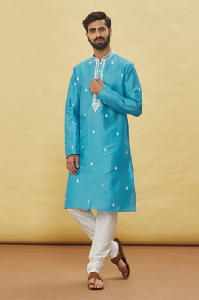 Blue embroidered art silk kurta-pajama