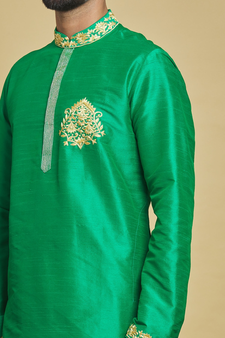 Green embroidered art silk kurta-pajama