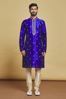 Blue embroidered art silk kurta-pajama