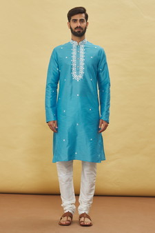 Blue embroidered art silk kurta-pajama