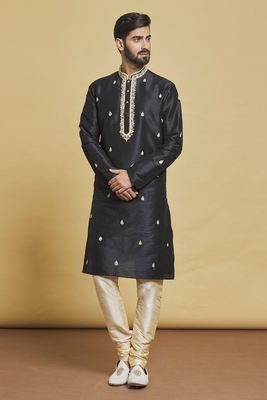 Black embroidered art silk kurta-pajama 1