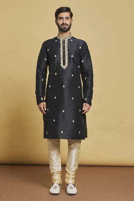 Black embroidered art silk kurta-pajama 3