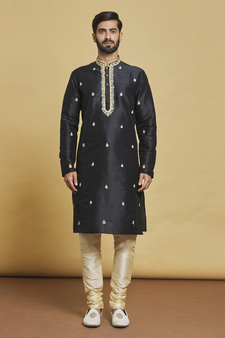 Black embroidered art silk kurta-pajama
