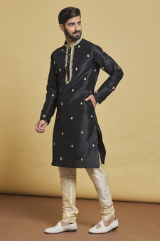 Black embroidered art silk kurta-pajama