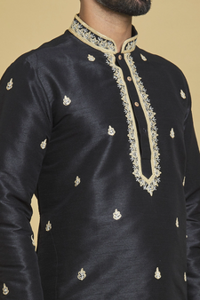 Black embroidered art silk kurta-pajama