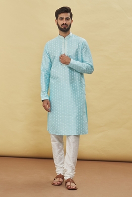 Blue printed art silk kurta-pajama 1