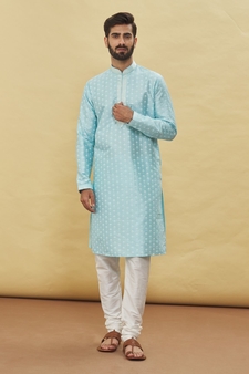 Blue printed art silk kurta-pajama