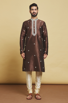 Brown embroidered art silk kurta-pajama