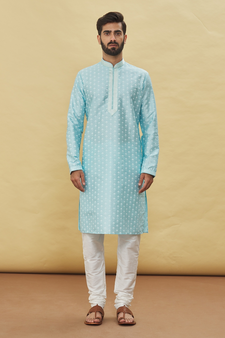 Blue printed art silk kurta-pajama