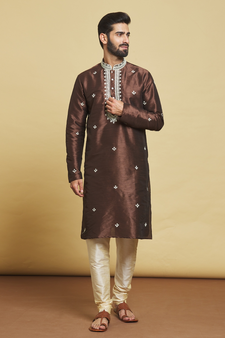 Brown embroidered art silk kurta-pajama