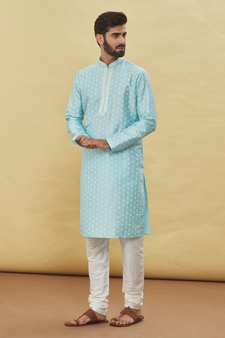 Blue printed art silk kurta-pajama