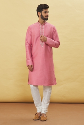Pink embroidered art silk kurta-pajama 1