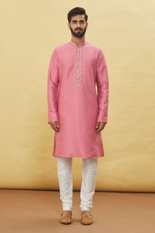 Pink embroidered art silk kurta-pajama