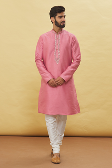 Pink embroidered art silk kurta-pajama