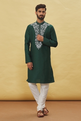Green embroidered art silk kurta-pajama 1