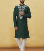Green embroidered art silk kurta-pajama
