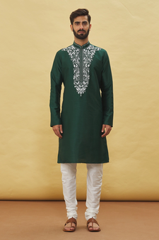 Green embroidered art silk kurta-pajama