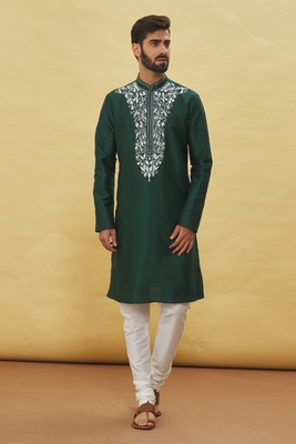Green embroidered art silk kurta-pajama 4