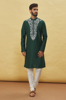 Green embroidered art silk kurta-pajama