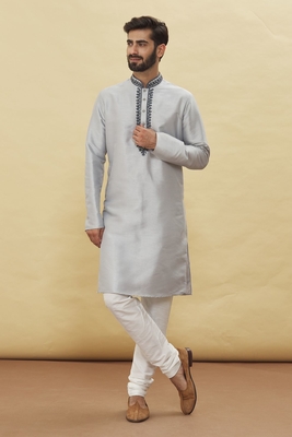 Grey woven brocade silk kurta-pajama 1
