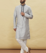 Grey woven brocade silk kurta-pajama