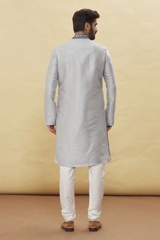 Grey woven brocade silk kurta-pajama