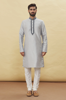 Grey woven brocade silk kurta-pajama