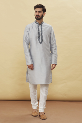Grey woven brocade silk kurta-pajama 4