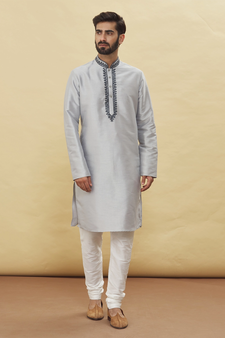 Grey woven brocade silk kurta-pajama
