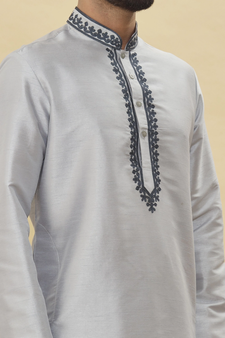 Grey woven brocade silk kurta-pajama