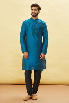 Blue embroidered art silk kurta-pajama