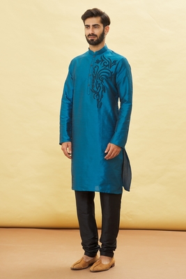 Blue embroidered art silk kurta-pajama 4