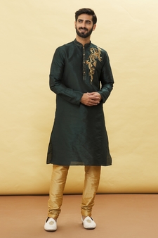 Green embroidered art silk kurta-pajama