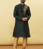 Green embroidered art silk kurta-pajama