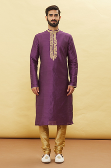 Purple embroidered art silk kurta-pajama