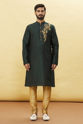 Green embroidered art silk kurta-pajama 3