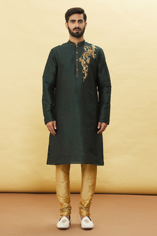 Green embroidered art silk kurta-pajama