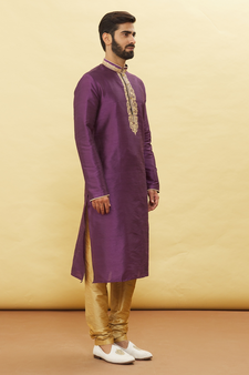Purple embroidered art silk kurta-pajama