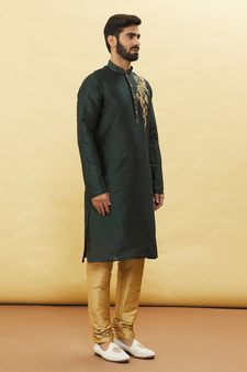 Green embroidered art silk kurta-pajama
