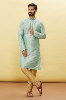Turquoise embroidered art silk kurta-pajama